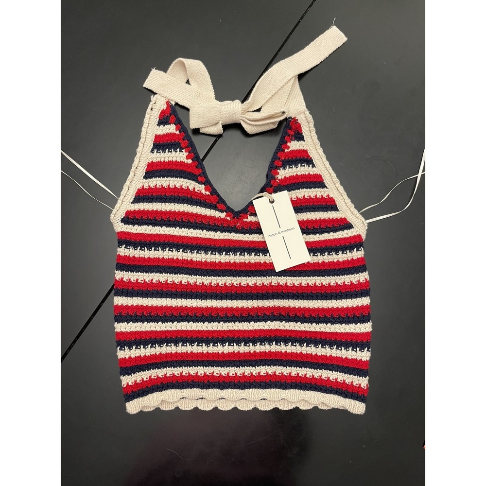 Moon & Madison 4th Americana Red white Blue Crochet Halter Crop Top Size‎ S NWT